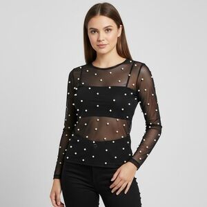 Amber Skies Pearl Embellished Sheer Mesh Top Black Cocktail Glam Whimsigoth XL